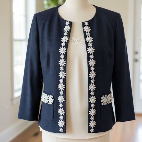 Talbots Blazer Navy Open Bead 3/4 Sleeve Old Money Cottagecore Nautical Preppy 8 - Picture 1 of 10